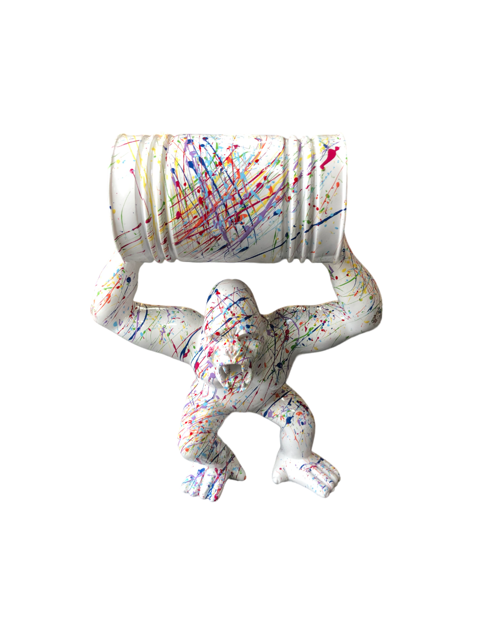 STATUE DE GORILE EN RÉSINE PEINTE EN BLANC AVEC ÉLÉPHANT  31 x 33 x 18